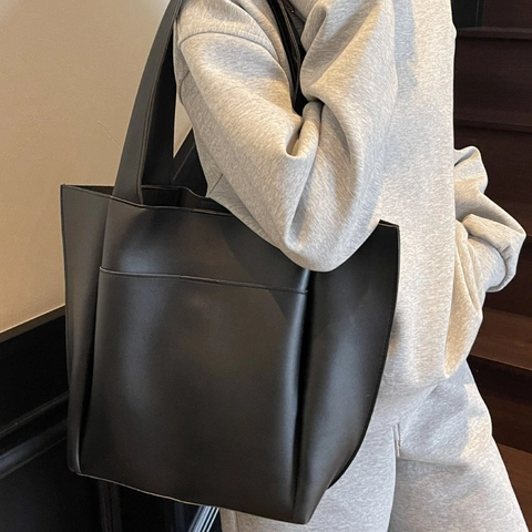 Damen Große Kapazität PU Leder Tragetasche Minimalistisch Urban Pendeln Schultertasche Mit Außentasche Elegante Büro Handtasche
