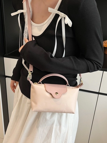 Mini Bolso de Hombro de Nailon para Mujer Solapa de Cuero PU Minimalista Bolso Bandolera Moda Color de Contraste Cremallera