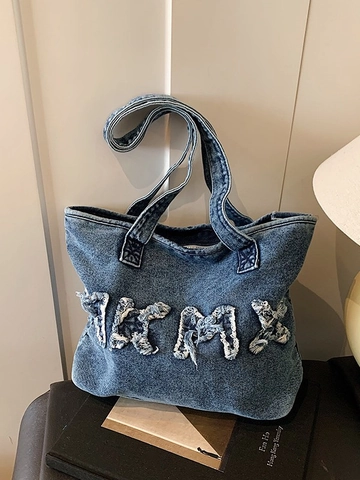 Damen Vintage Gewaschene Denim Tragetasche Fransen Buchstaben Aufnäher Umhängetasche Große Kapazität Lässige Streetwear Handtasche