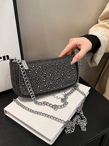 Damen Denim Strass Unterarmtasche Mode Funkelnde Schulter Umhängetasche Mit Silberner Metallkette Reißverschluss Handtasche