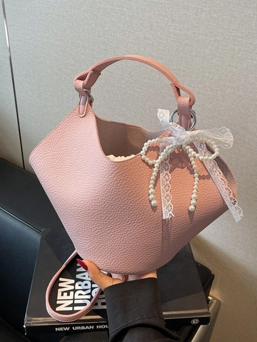 Dames Kiezelnerf PU-Leder Emmer Tas Elegante Kunstparel Kant Strik Crossbody Tas Mode Handtas Voor Dagelijks Woon-Werkverkeer