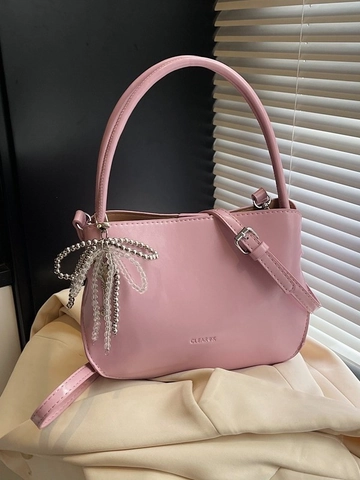 Damen PU Leder Eimertasche Mit Schleifenperlenanhänger Elegante Umhängetasche Minimalistische Einfarbige Handtasche