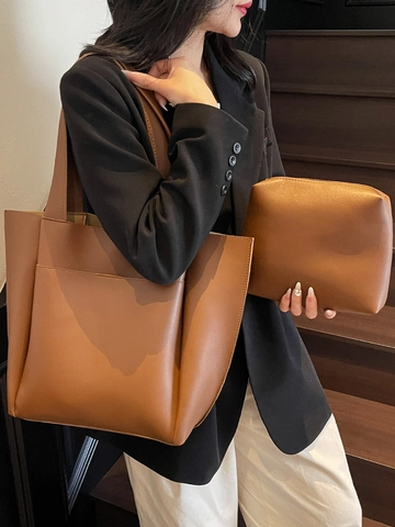 Women's Large Capacity PU Leather Tote Bag Minimalist Commuter Shoulder Handbag With Front Pocket Solid Color Fashion Bag
