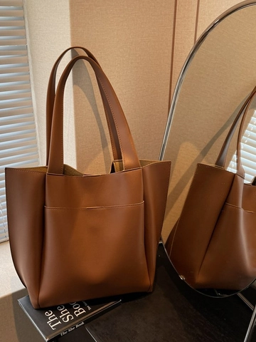 Women's Large Capacity PU Leather Tote Bag Minimalist Commuter Shoulder Handbag With Front Pocket Solid Color Fashion Bag
