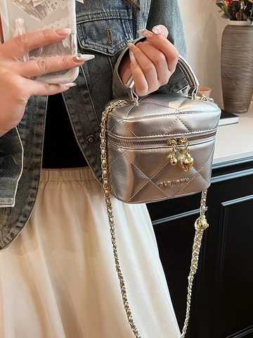 Bolso de Mano Cilíndrico Acolchado con Celo de Diamante para Mujer con Colgante de Corazón Correa de Cadena Dorada Bolso de Cubo