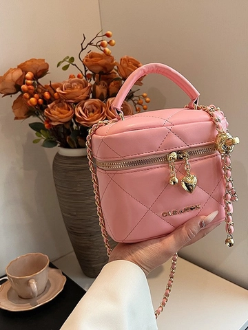 Bolso de Mano Cilíndrico Acolchado con Celo de Diamante para Mujer con Colgante de Corazón Correa de Cadena Dorada Bolso de Cubo