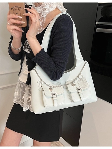 Moda Bolso Tote De Cuero PU De Gran Capacidad Para Mujer Moderno Bolso De Hombro Con Múltiples Bolsillos Y Cadena De Metal Plateada