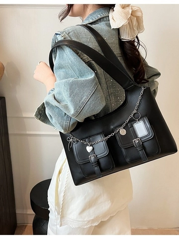 Moda Bolso Tote De Cuero PU De Gran Capacidad Para Mujer Moderno Bolso De Hombro Con Múltiples Bolsillos Y Cadena De Metal Plateada