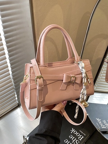 Women Fashion PU Leather Bow Handbag With Scarf Key Charm Small Square Shoulder Crossbody Bag Adjustable Strap Retro Satchel