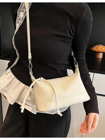 Bolso de Axila Plisado para Mujer Patrón de Lichi Color Sólido Cuero PU Bolso de Hombro Bandolera Con Cordón Herrajes Plateados Bolso de Moda Casual