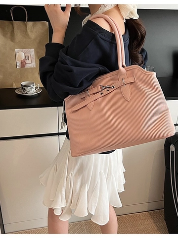 Women Pleated PU Leather Handbag Korean Style Vertical Texture Tote Bag Fashion Shoulder Bag With Silver Hardware Crossbody Bag