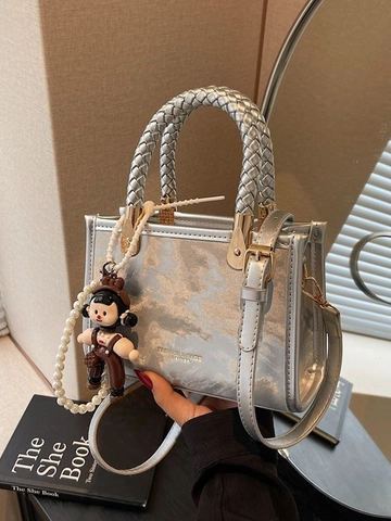 Bolso Cuadrado Pequeño de Moda para Mujer de Cuero PU con Asa Trenzada Cadena de Perlas Artificiales Colgante de Muñeca Bandolera de Mármol