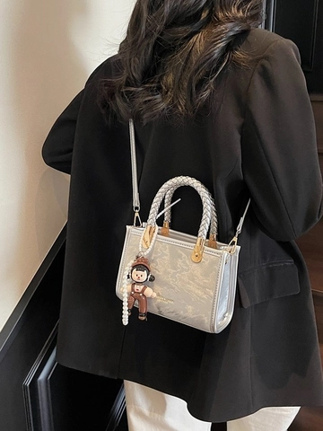 Bolso Cuadrado Pequeño de Moda para Mujer de Cuero PU con Asa Trenzada Cadena de Perlas Artificiales Colgante de Muñeca Bandolera de Mármol