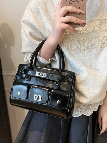 Borsa a Mano Moderna in Pelle PU Multitasca per Donna Stile Cargo Borsa a Tracolla con Componenti Metallici Argentati