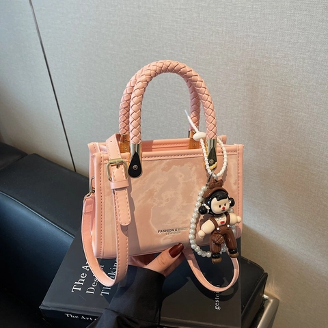Women Fashion PU Leather Small Square Bag With Braided Handle Marble Texture Shoulder Crossbody Bag For Daily Street Trend