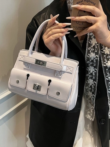 Borsa a Mano Moderna in Pelle PU Multitasca per Donna Stile Cargo Borsa a Tracolla con Componenti Metallici Argentati