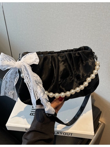 Niche Design Ruched Cloud Crossbody Bag For Women With Artificial Pearl Chain And Lace Bow Sweet Korean Style PU Shoulder Bag