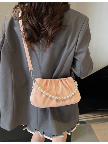 Niche Design Ruched Cloud Crossbody Bag For Women With Artificial Pearl Chain And Lace Bow Sweet Korean Style PU Shoulder Bag