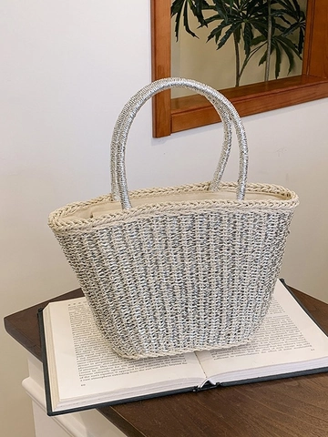 Women's Woven Tote Handbag Metallic Gold Silver Straw Beach Bag Summer Vacation Bucket Bag With Zipper Closure Casual Basket Bag