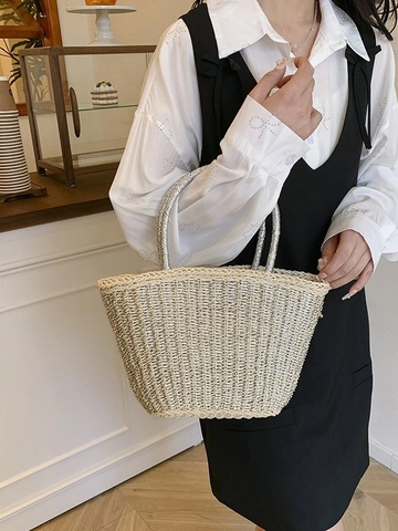 Women's Woven Tote Handbag Metallic Gold Silver Straw Beach Bag Summer Vacation Bucket Bag With Zipper Closure Casual Basket Bag
