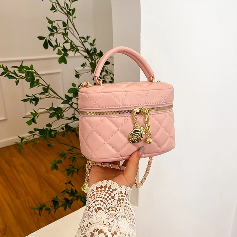 Damen Gesteppte Mini-Kosmetiktasche Mit Rautenmuster Und Rosenanhänger Goldene Metallkette Umhängetasche Modische Handtasche