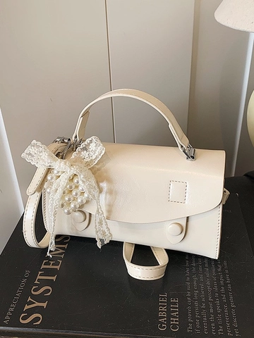 Petit Sac Carré Vintage pour Femmes en Cuir PU Sac en Bandoulière Avec Nœud en Dentelle Pendentif en Künstliche Perle Sac à Main Élégant Style Coréen