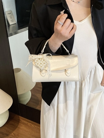 Petit Sac Carré Vintage pour Femmes en Cuir PU Sac en Bandoulière Avec Nœud en Dentelle Pendentif en Künstliche Perle Sac à Main Élégant Style Coréen