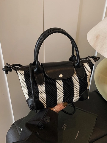 Borsa a Tracolla a Righe da Donna alla Moda in Maglia e Pelle PU Bianca e Nera Borsa a Mano Piccola Casual a Forma di Raviolo