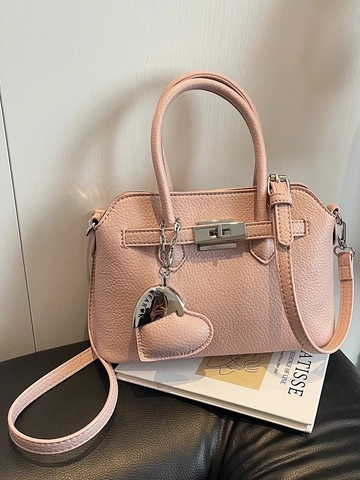 Women Litchi Grain PU Leather Handbag Retro Fashion Crossbody Shoulder Bag With Heart Pendant Lock Closure Commuter Purse