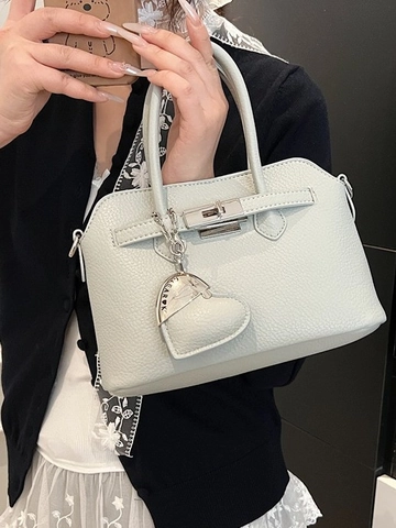 Women Litchi Grain PU Leather Handbag Retro Fashion Crossbody Shoulder Bag With Heart Pendant Lock Closure Commuter Purse