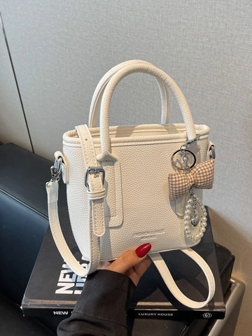 Vintage PU Leather Crossbody Bucket Bag For Women Commute Handbag With Bowknot Pearl Charm Solid Color Small Tote Bag