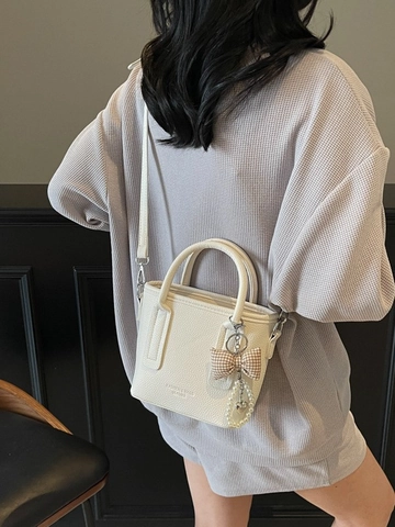 Vintage PU Leather Crossbody Bucket Bag For Women Commute Handbag With Bowknot Pearl Charm Solid Color Small Tote Bag