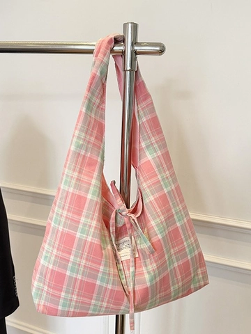 Borsa a Tracolla da Donna Dolce a Quadri in Tela Tote Bag Con Decorazione Fiocco Ricamato Borsa Hobo Rilassata per Uso Quotidiano