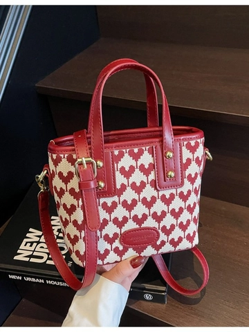Retro Women's Heart Floral Jacquard Bucket Bag PU Leather Wedding Bridal Handbag Crossbody Bag With Gold Rivets Small Festive Bag