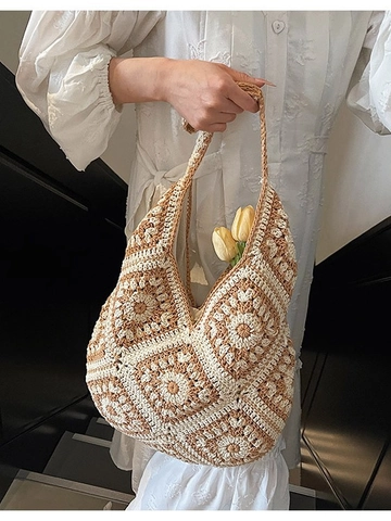 Vintage Häkel Tote Bag Für Damen Handgefertigt Boho Floral Granny Square Gewebte Schultertasche Große Kapazität Strandtasche