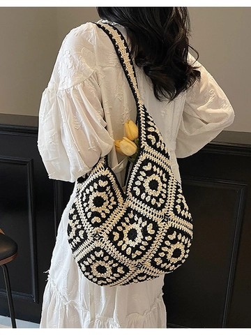 Vintage Häkel Tote Bag Für Damen Handgefertigt Boho Floral Granny Square Gewebte Schultertasche Große Kapazität Strandtasche