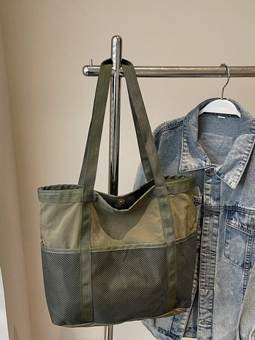 Bolso Tote de Lona para Mujer de Gran Capacidad con Patchwork de Malla Multibolsillo Bolso de Hombro para Viaje Compras Almacenamiento Diario Vacaciones