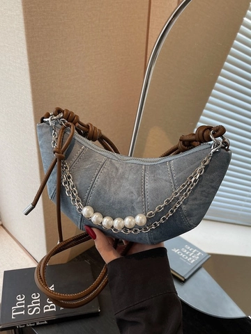 Bolso Bandolera de Media Luna a la Moda para Mujer Decoración de Cadena de Perlas Artificiales Correa con Nudos Cuero de PU Denim Bolso de Hombro