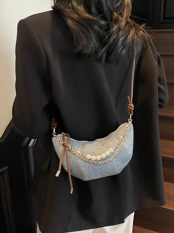 Bolso Bandolera de Media Luna a la Moda para Mujer Decoración de Cadena de Perlas Artificiales Correa con Nudos Cuero de PU Denim Bolso de Hombro