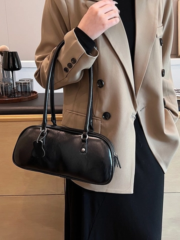 Bolso de Axila para Mujer de Cuero PU con Doble Correa Color Sólido Estilo Baguette con Colgante Desmontable Estilo Coreano Simple