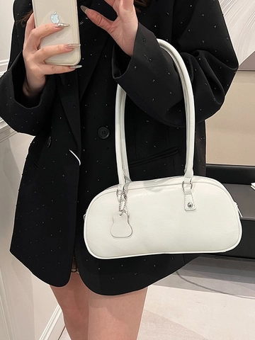 Bolso de Axila para Mujer de Cuero PU con Doble Correa Color Sólido Estilo Baguette con Colgante Desmontable Estilo Coreano Simple