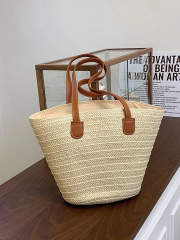 Damen Große Kapazität Strohgeflecht Tote Bag Urlaub Strand Schultertasche Mit Braunem Kunstledergriff Eimer Handtasche