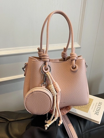 Borsa a Secchiello in Pelle PU Motivo Litchi da Donna Moda Manico Annodato Con Portamonete Rotondo Borsa a Tracolla