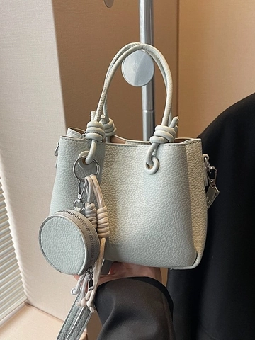 Borsa a Secchiello in Pelle PU Motivo Litchi da Donna Moda Manico Annodato Con Portamonete Rotondo Borsa a Tracolla
