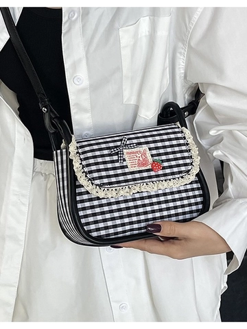 Borsa a Tracolla Piccola Quadrata in Tela a Quadri Dolce da Donna Con Decorazione a Fiocco in Pizzo e Fragola Versatile
