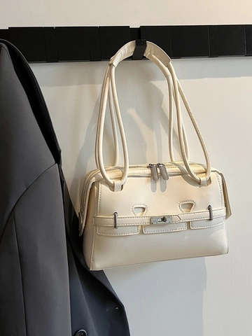 Bolso de Axila de Cuero PU para Mujer Minimalista Bolso de Hombro Con Hebilla de Plata Doble Asa Bolso de Mano para Oficina Diario
