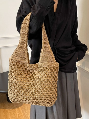 Women Casual Straw Woven Shoulder Bag Large Capacity Hollow Out Mesh Underarm Bag For Beach Vacation Daily Travel Tote