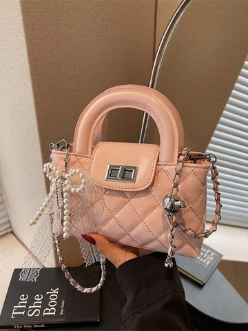 Women Quilted Chain Handbag Patent Leather Small Square Crossbody Bag Artificial Pearl Bow Charm Metallic Lock Shoulder Bag Evening Purse
