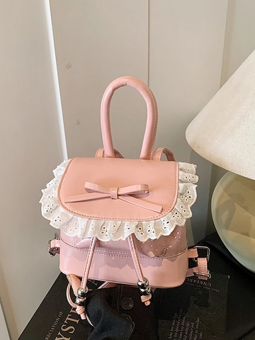 Sweet Ballet Style Mini Backpack PU Leather Bow Lace Trim Glossy Drawstring Handbag Student Fashion Daily School Bag