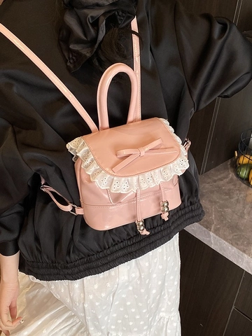 Sweet Ballet Style Mini Backpack PU Leather Bow Lace Trim Glossy Drawstring Handbag Student Fashion Daily School Bag